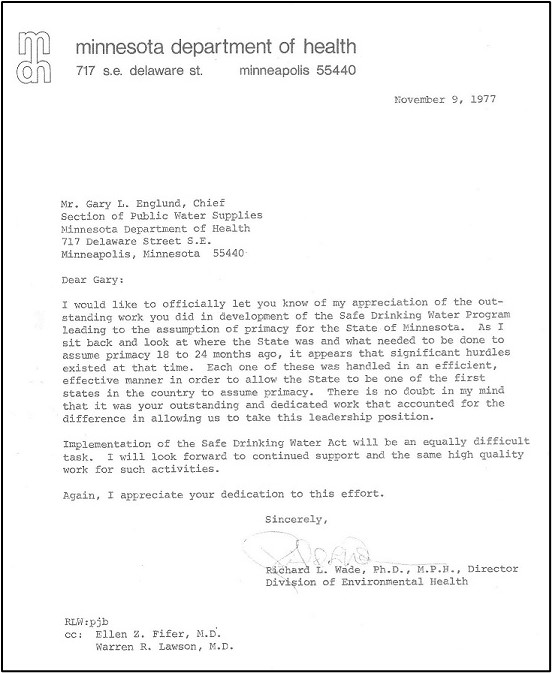 Letter to Gary Englund after Minnesota achieved primacy