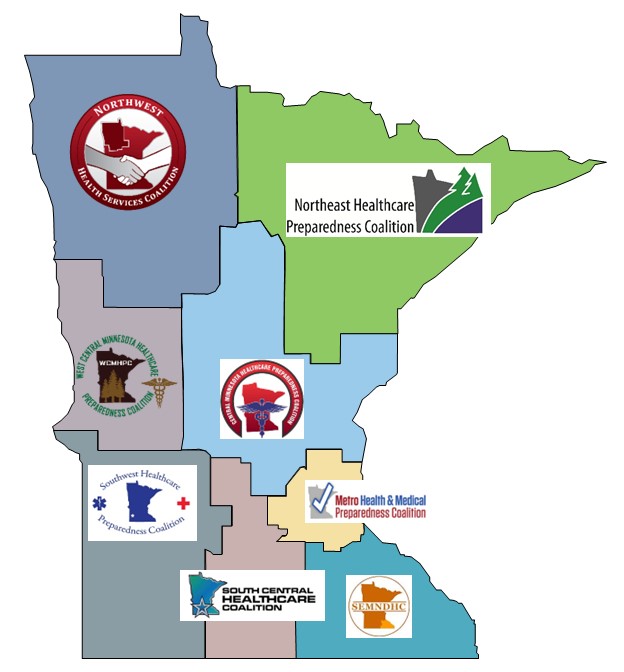 Map of Minnesota showing 8 public health regions. Links in each region go to the same websites listed in the table below.