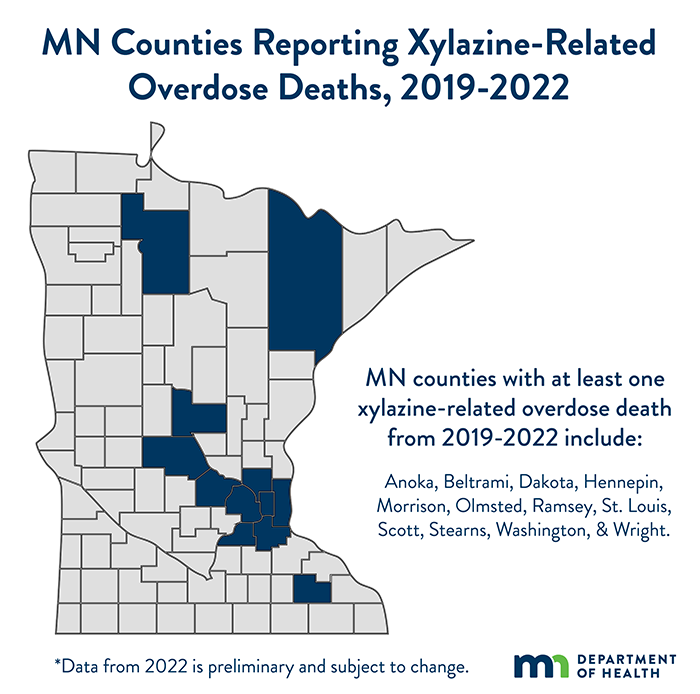 Map showing which counties in Minnesota have recorded at least one xylazine related overdose death from 2019 to 2022.