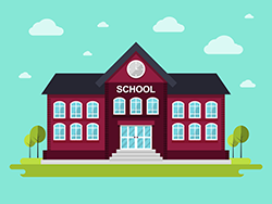 Illustration of a red school building.
