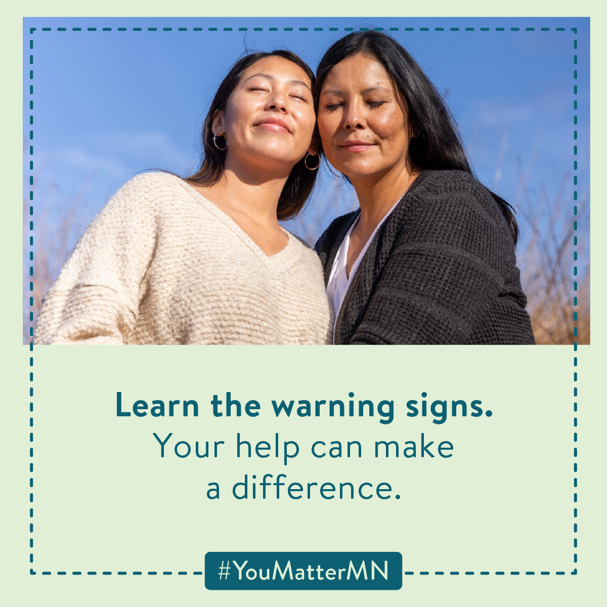 Image of two women hugging with caption about learning the warning signs of suicide