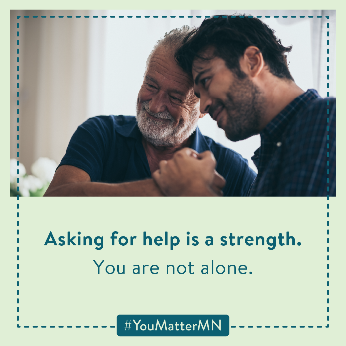 Image of two men hugging with caption about asking for help