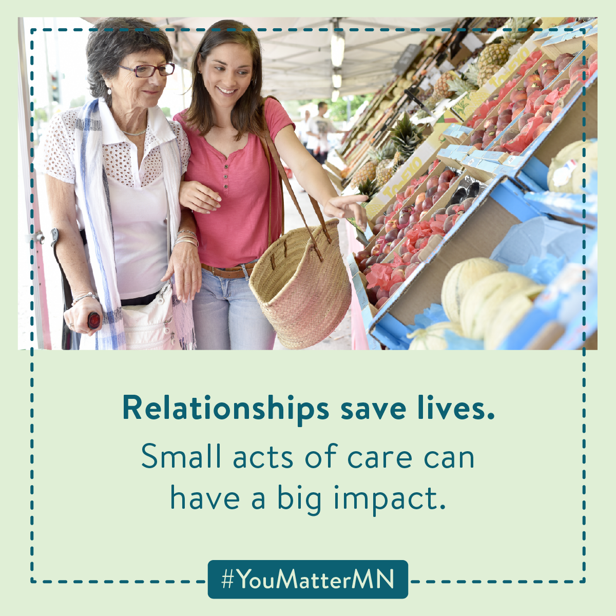 Image of two women grocery shopping with caption about how relationships can save lives