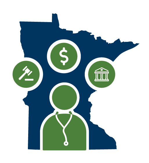 Image of Minnesota shape in the background, generic graph, and gavel, government building, dollar icon, and icon indicating a medical professional in the foreground.