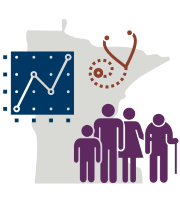 Image of Minnesota shape in the background, with stethoscope, generic graph, and different types of human figures in the foreground.