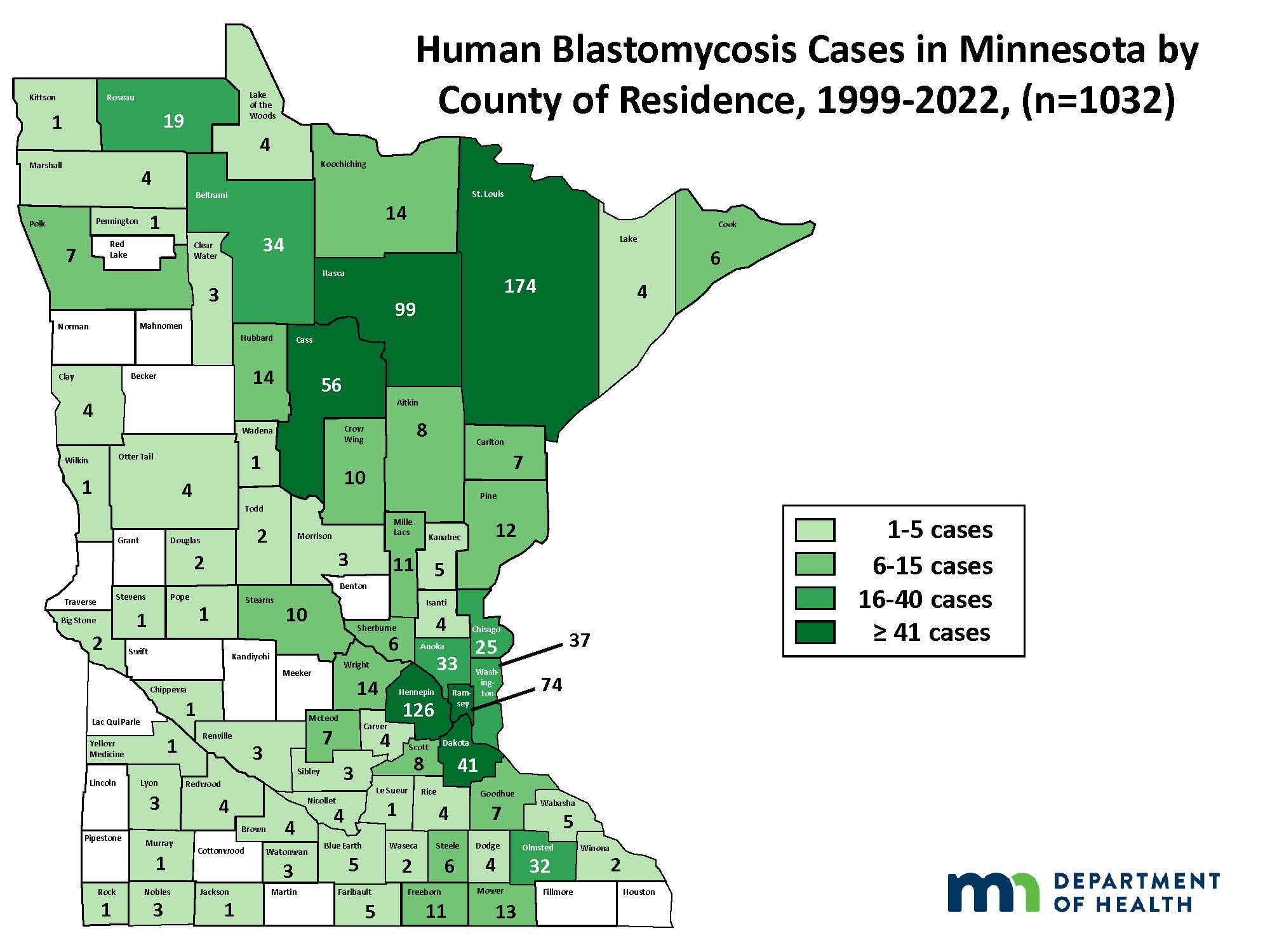 Map of Minnesota blastomycosis cases by County of Residence