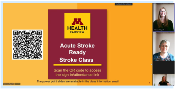 screenshot of acute stroke ready stroke class webinar with M Health Fairview logo