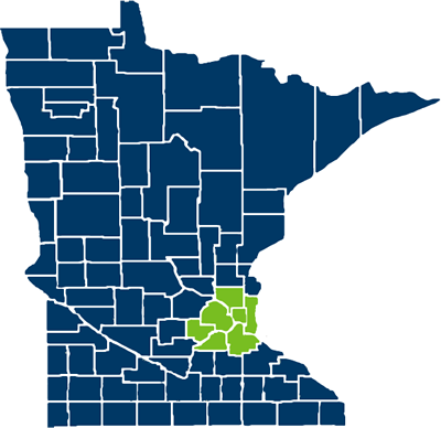 Map of Minnesota counties in Medica Park Nicollet First Network service area