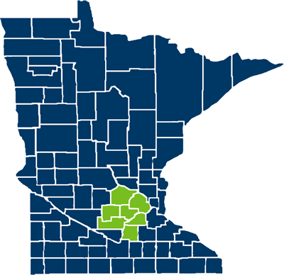 Map of Minnesota counties in Medica Ridgeview Community Network service area