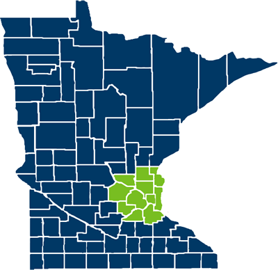Map of Minnesota counties in Medica Vantage Plus Network service area
