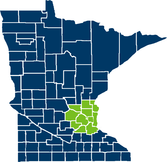 Map of Minnesota counties in Core Essential Network service area