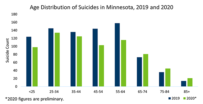 age distribution of suicides in Minnesota, 2019 and 2020