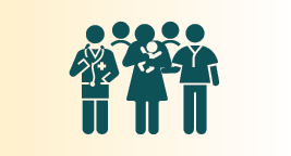 Graphic of parent with infant, surrounded in an arc of four healthcare workers