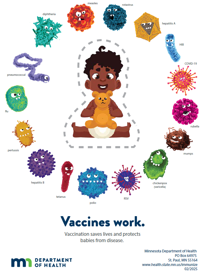  Vaccines work sign with baby surrounded by cartoon germs.