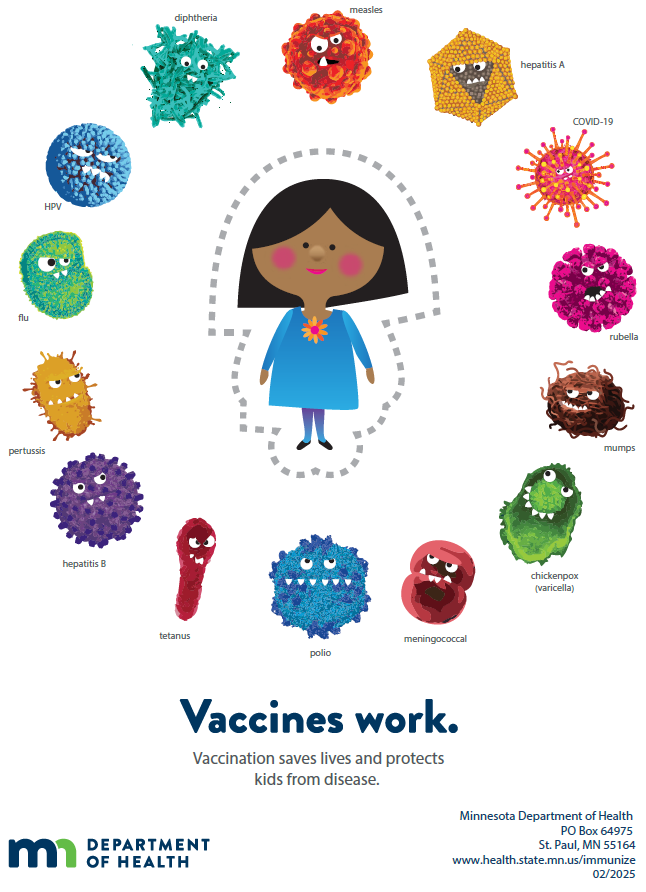 Vaccines work sign with kid surrounded by cartoon germs.