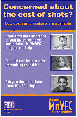 Minnesota vaccines for children program poster: Concerned about the cost of shots?
