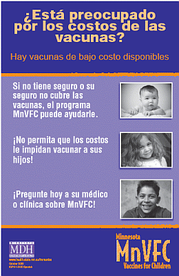 Minnesota vaccines for children program poster in Spanish:Concerned about the cost of shots?