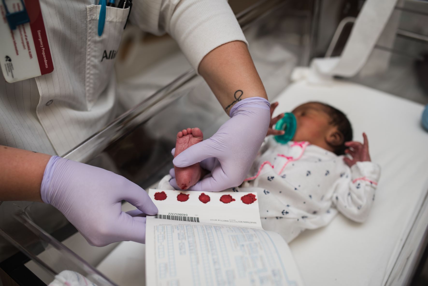 newborn baby giving blood spots