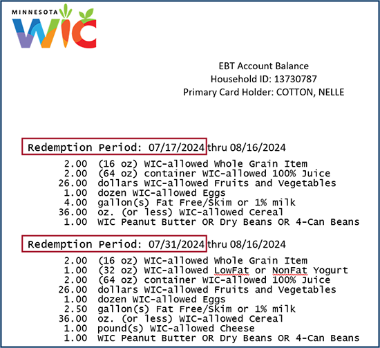 WIC EBT Account Balance with food items separated by FDTU