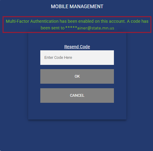 Mobile Management multi-factor authentication (MFA) message